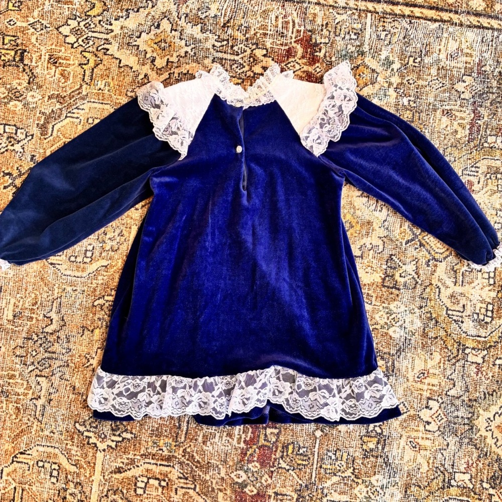 Vintage Evy Girls Royal Blue Velvet Lace Collar Dress Size 6 S4849K Made in USA - Picture 6 of 7